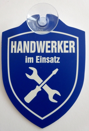 Schild mit Saugnapf - Handwerker im Einsatz - blau